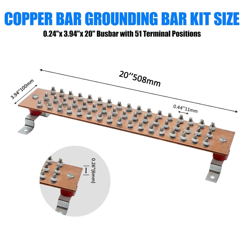 ELECTRAPICK Wall Mounted Copper Grounding Bar Kit, Copper Bus Bar 0.24"x 3.94"x 20" with 51 Terminal Positions - Image 3